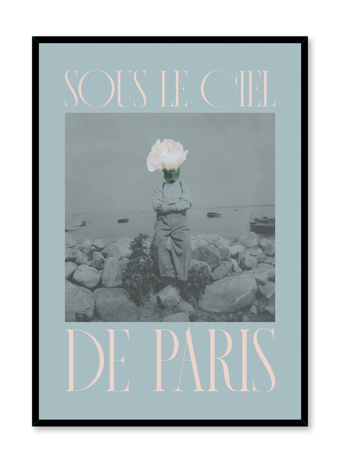 "Under the Paris Sky" is a minimalist blue and pink typography collage poster by Opposite Wall of a deconstructed vintage photography of a man with a pink rose on his head and the words ‘under the paris sky’ in French.