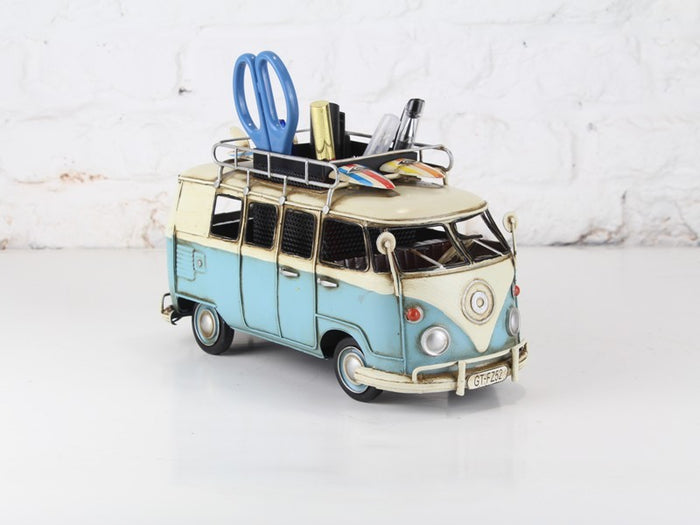 Vw Circa 1966 Tin Model 1.18 Scale Camper Van,with Pen Holder Surf Board Artwork