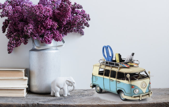 Vw Circa 1966 Tin Model 1.18 Scale Camper Van,with Pen Holder Surf Board Artwork